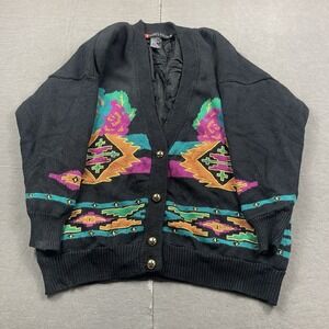 Vintage I.B. Diffusion Sweater Womens 2X Black Aztec Western Cardigan Button Up